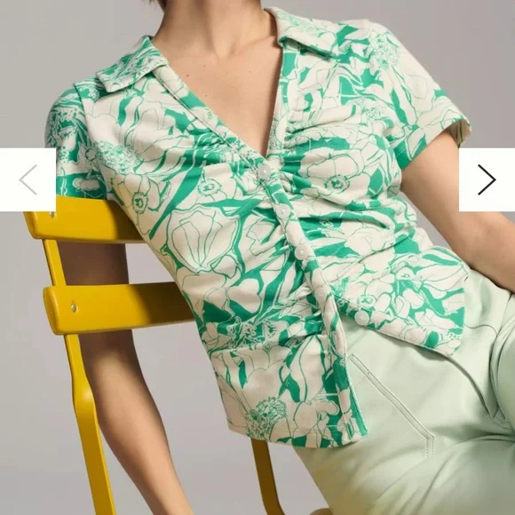 Anthropologie Maeve‎ Women’s Medium Ruched Blouse Green White Floral Collared - Picture 2 of 6